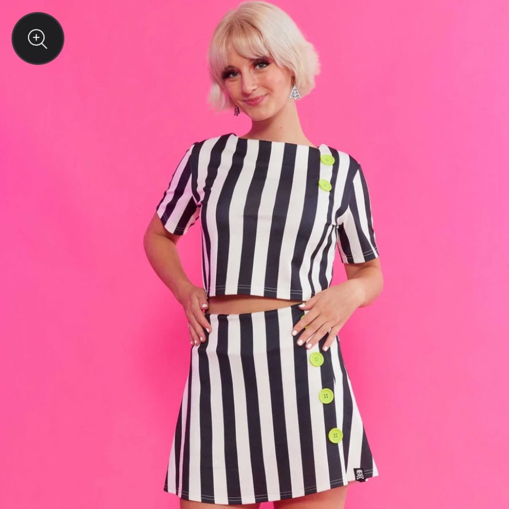 Sourpuss Black & White Striped Mod Play Skirt/Skort and Top Set, Size XL